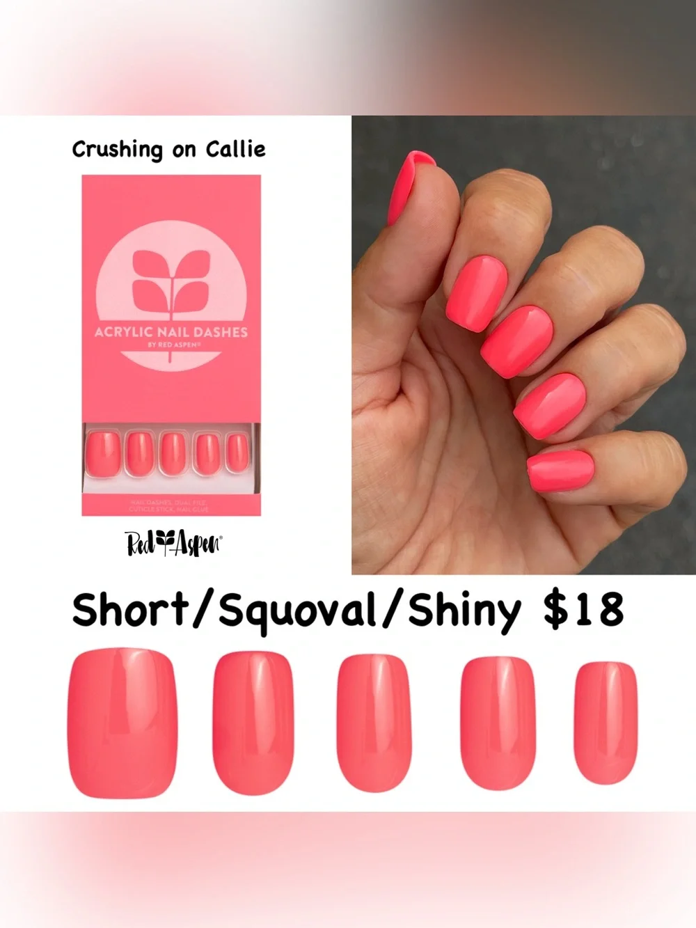 Red Aspen Pink Acrylic Press-On Nail Dashes — Bright Pink Set